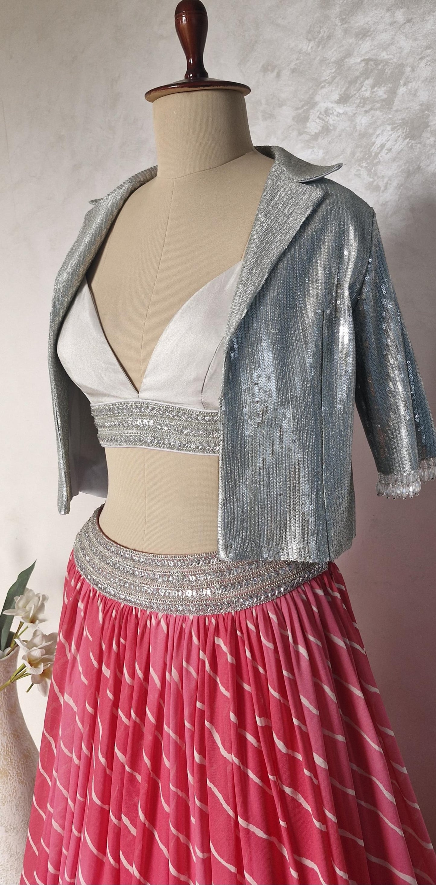 Pink Leheriya Georgette Lehenga Choli with Silver Sequins Jacket DVMTD_0279