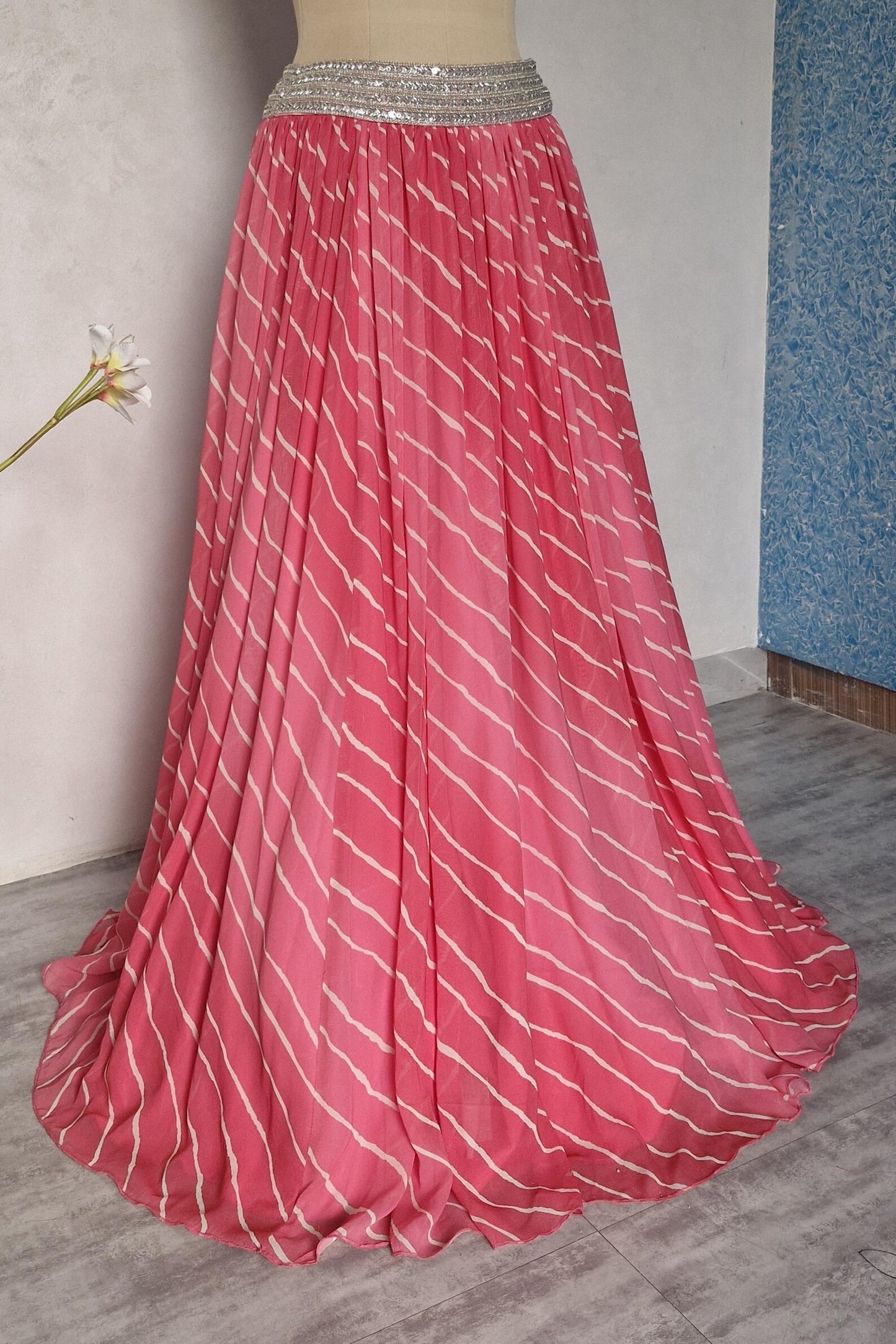 Pink Leheriya Georgette Lehenga Choli with Silver Sequins Jacket DVMTD_0279