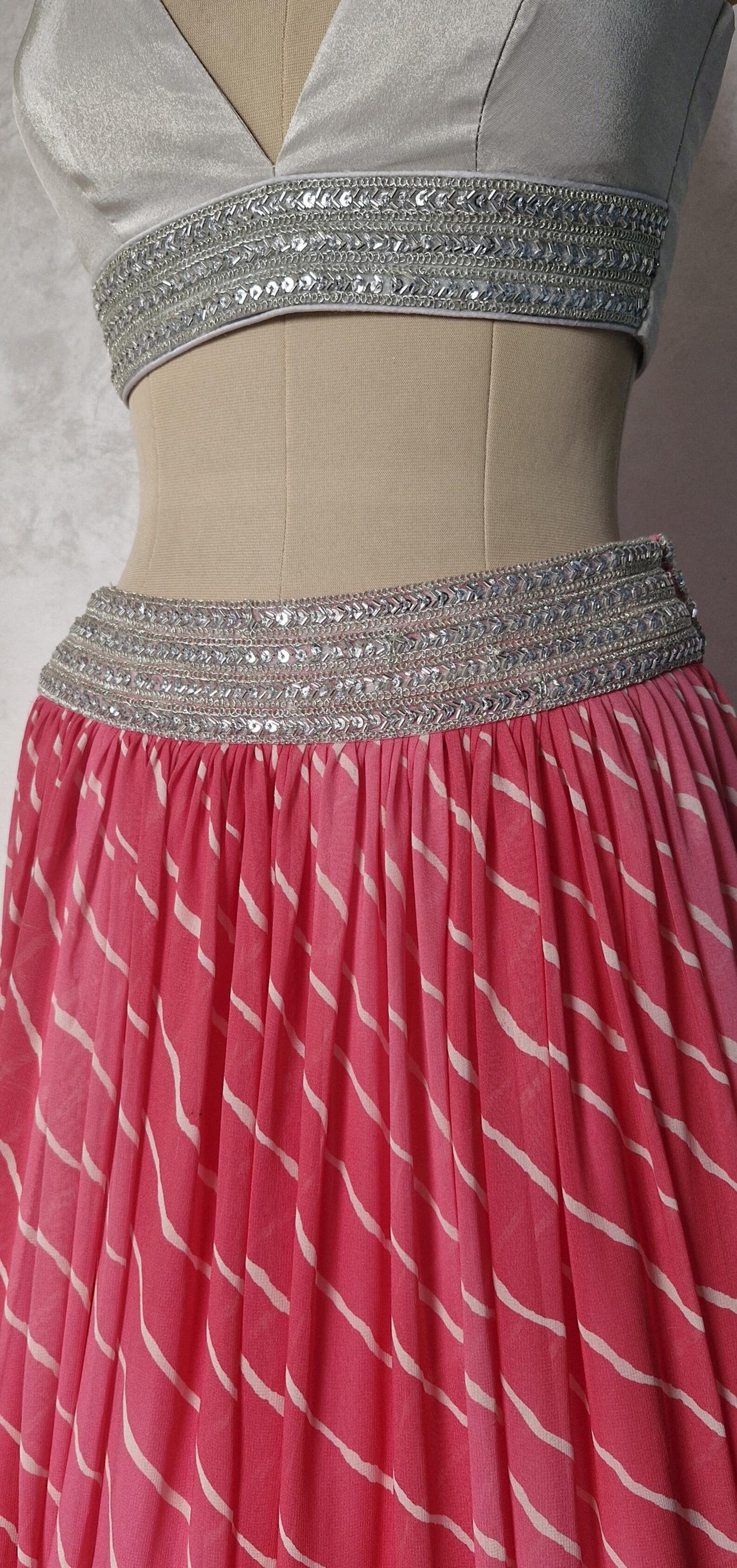 Pink Leheriya Georgette Lehenga Choli with Silver Sequins Jacket DVMTD_0279