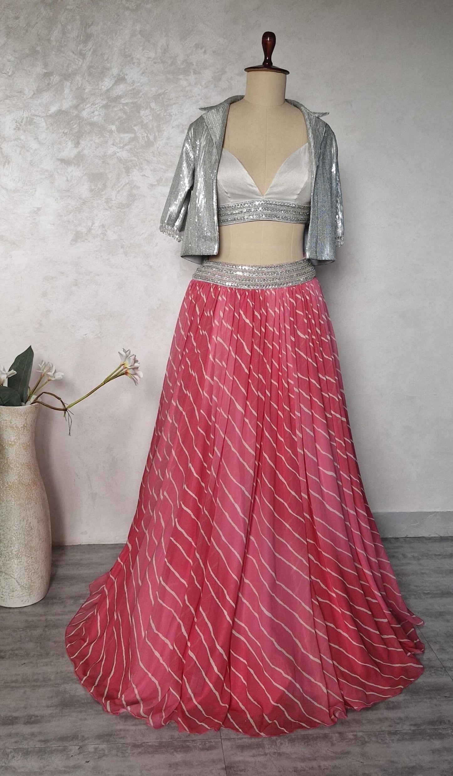Pink Leheriya Georgette Lehenga Choli with Silver Sequins Jacket DVMTD_0279