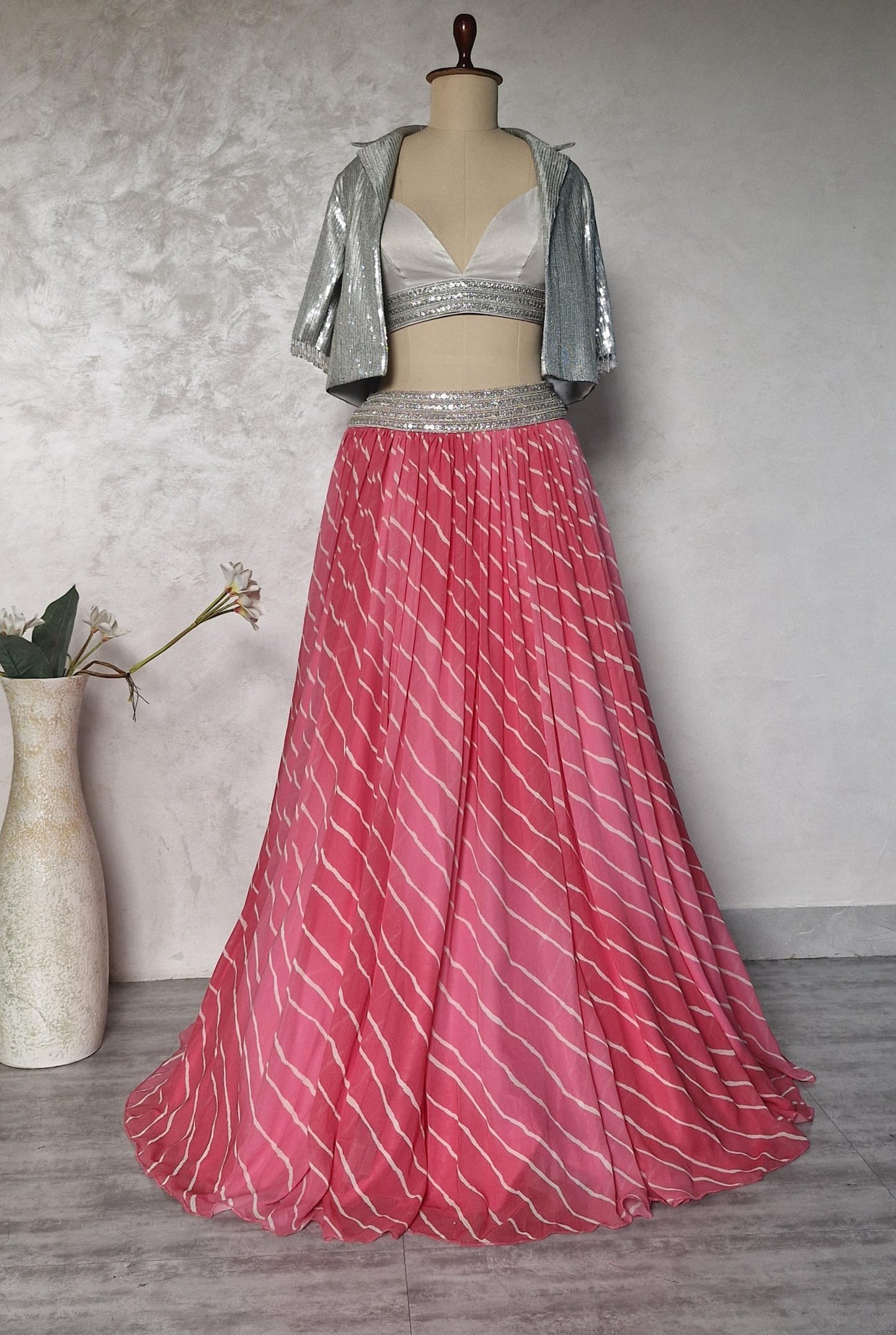 Pink Leheriya Georgette Lehenga Choli with Silver Sequins Jacket DVMTD_0279