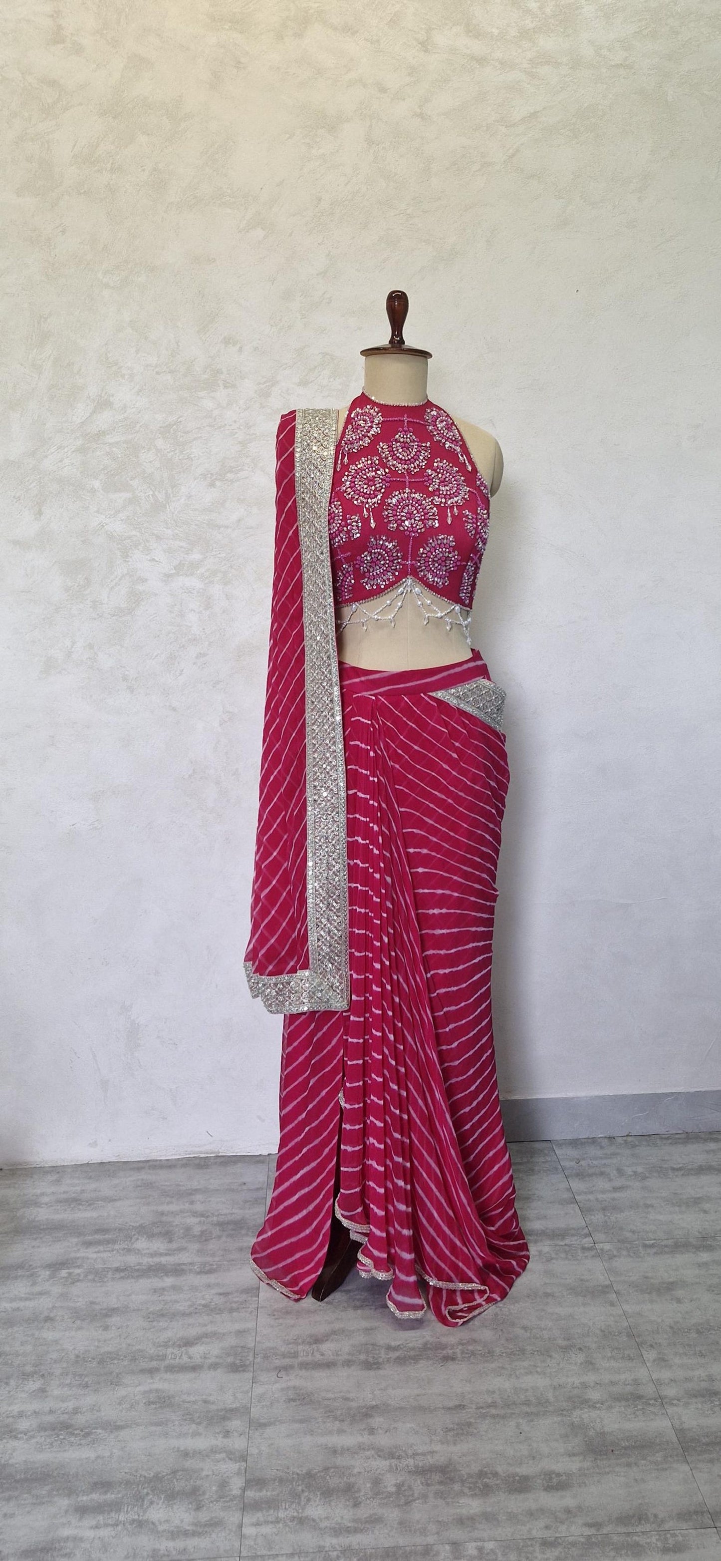 Pink Leheriya Chiffon Draped Saree Skirt with Hand Embroidered Blouse DVMTD_0281