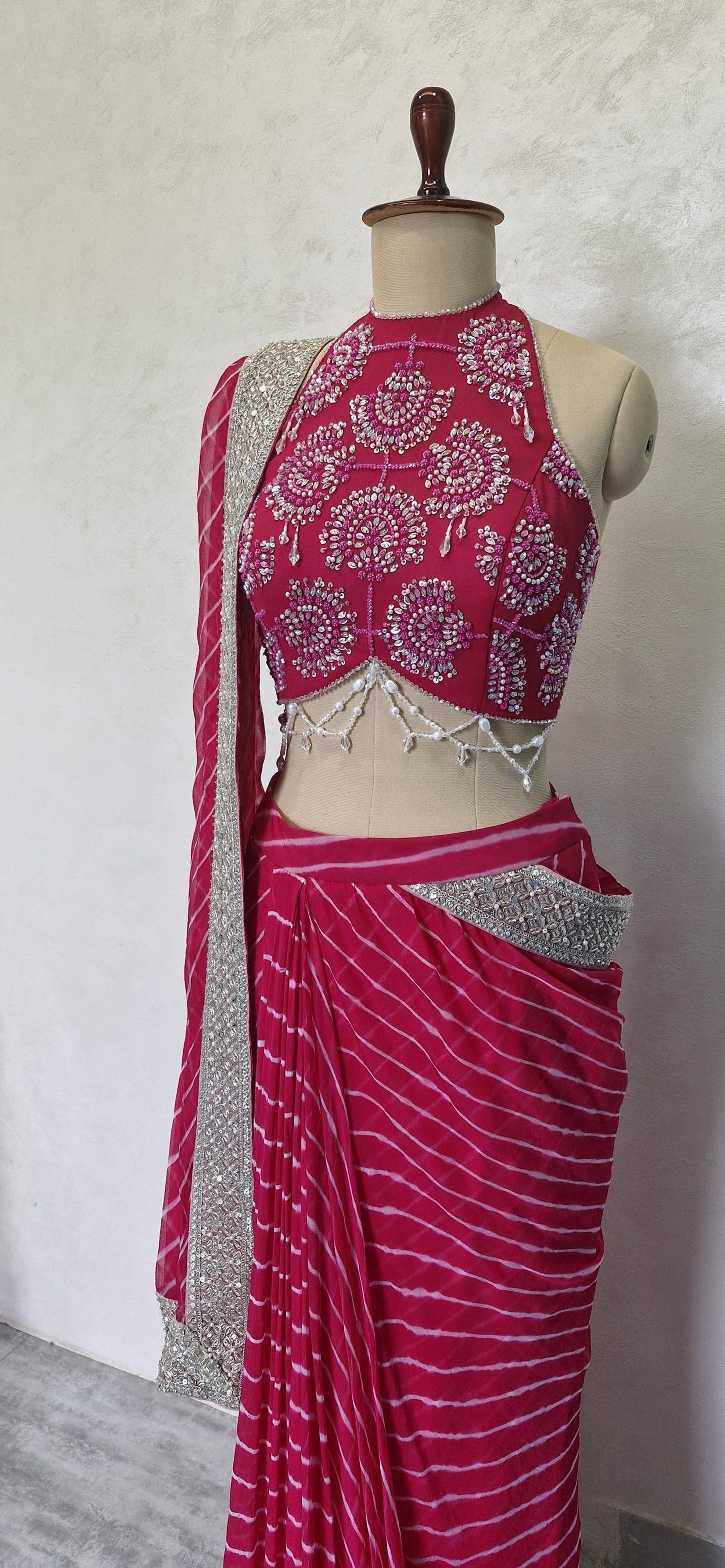 Pink Leheriya Chiffon Draped Saree Skirt with Hand Embroidered Blouse DVMTD_0281