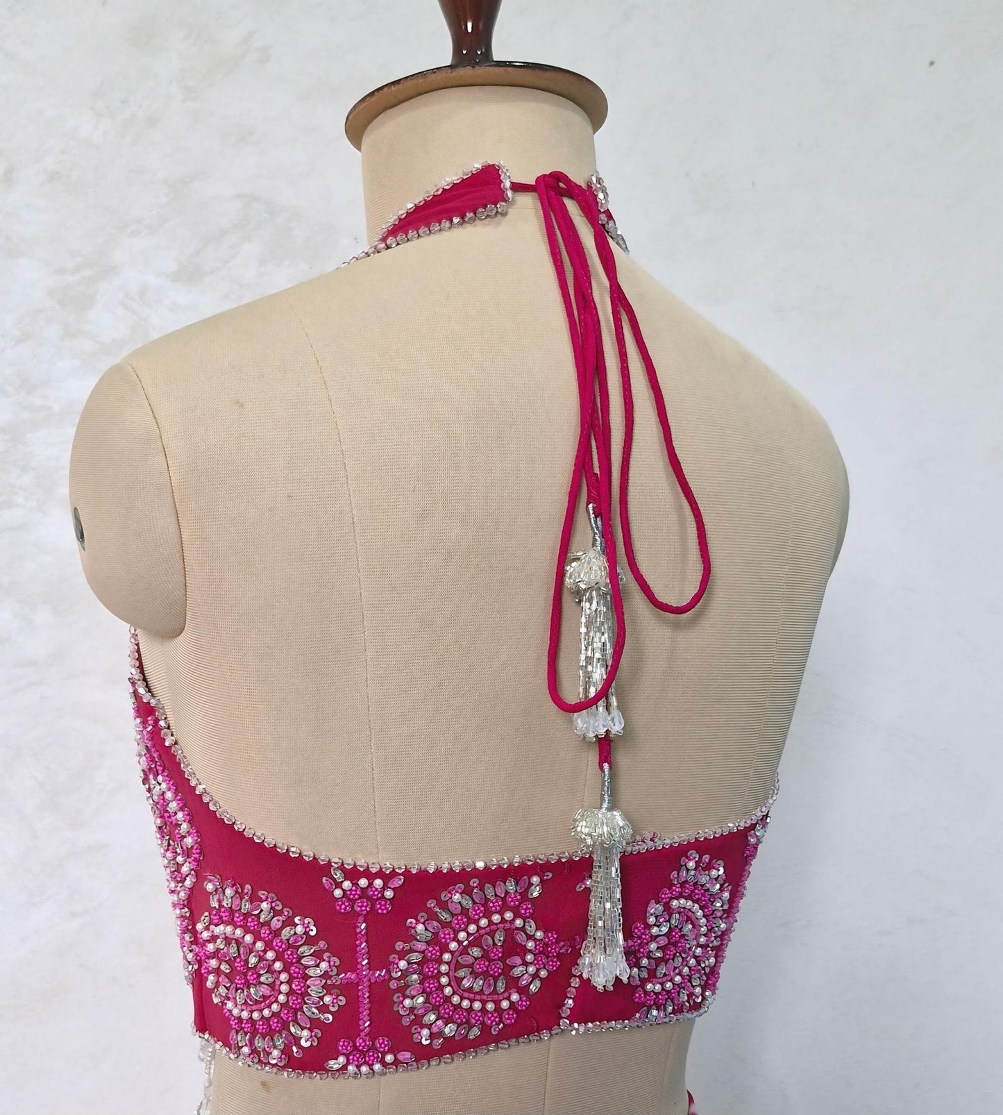 Pink Leheriya Chiffon Draped Saree Skirt with Hand Embroidered Blouse DVMTD_0281