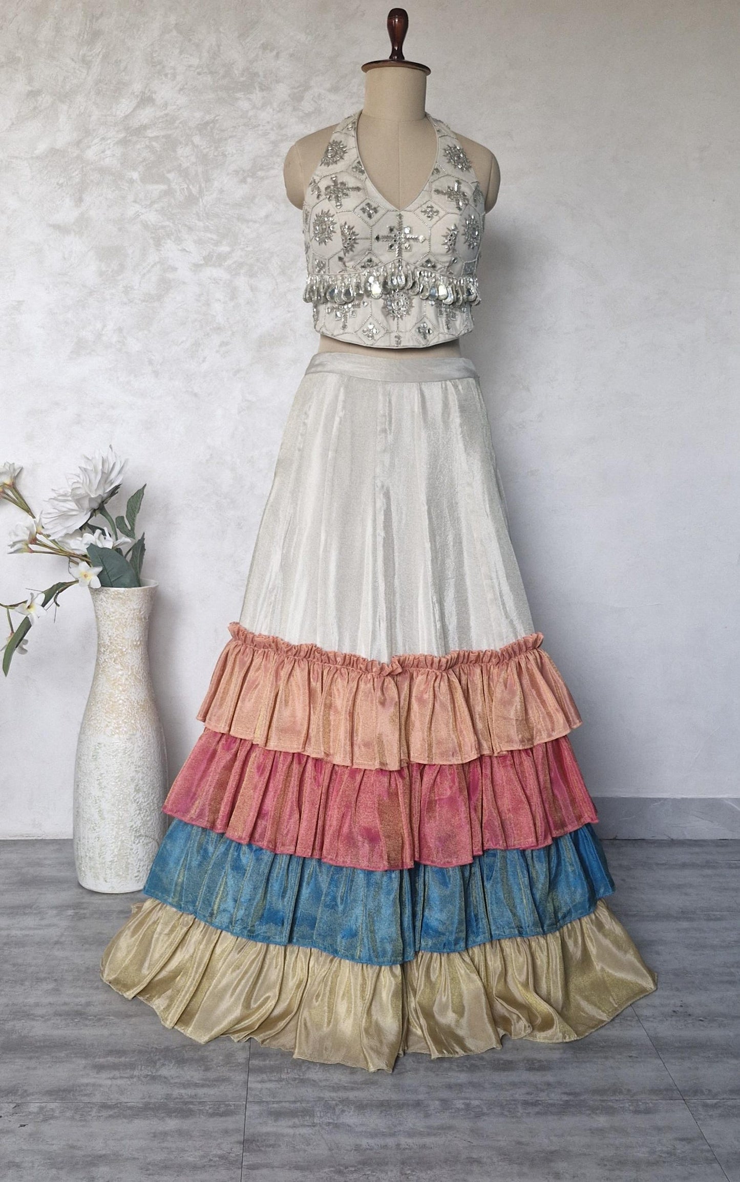 Silver Sand Embroidered Corset Tissue Silk Skirt Festive DVMTD_0280