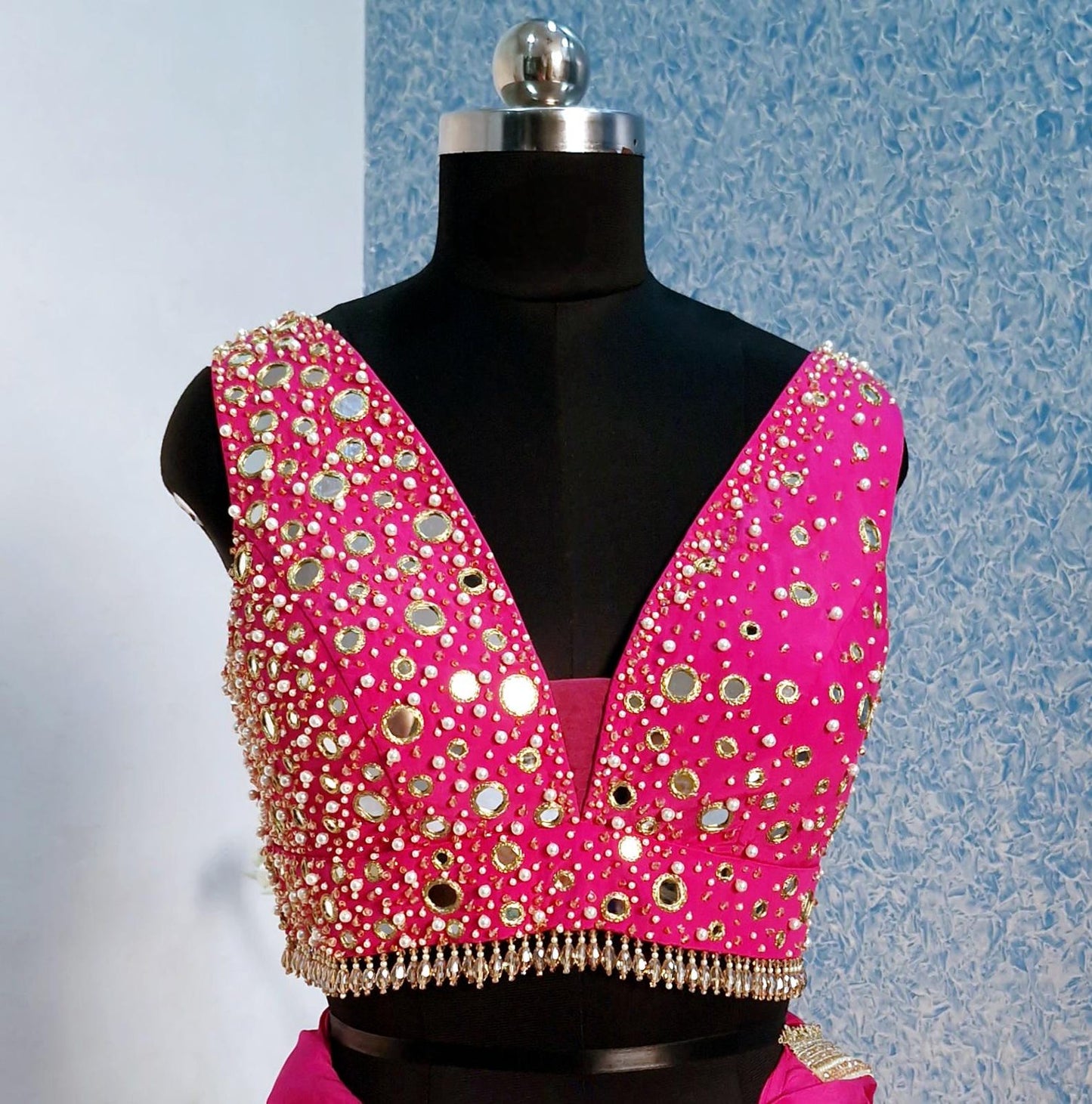Beads & Mirror Hand Embroidered Bright Pink Crepe Silk Blouse DVBL_462