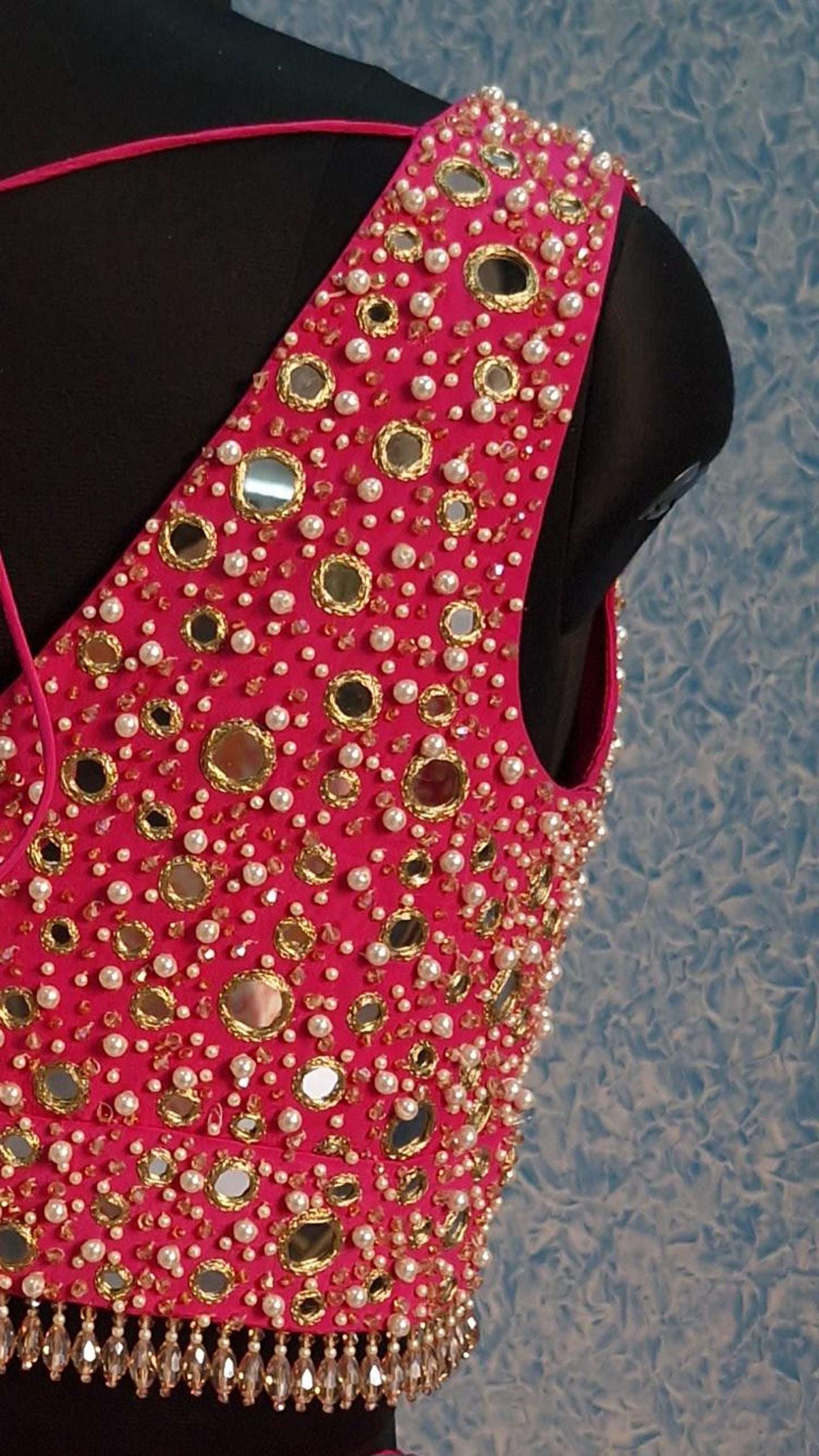 Beads & Mirror Hand Embroidered Bright Pink Crepe Silk Blouse DVBL_462