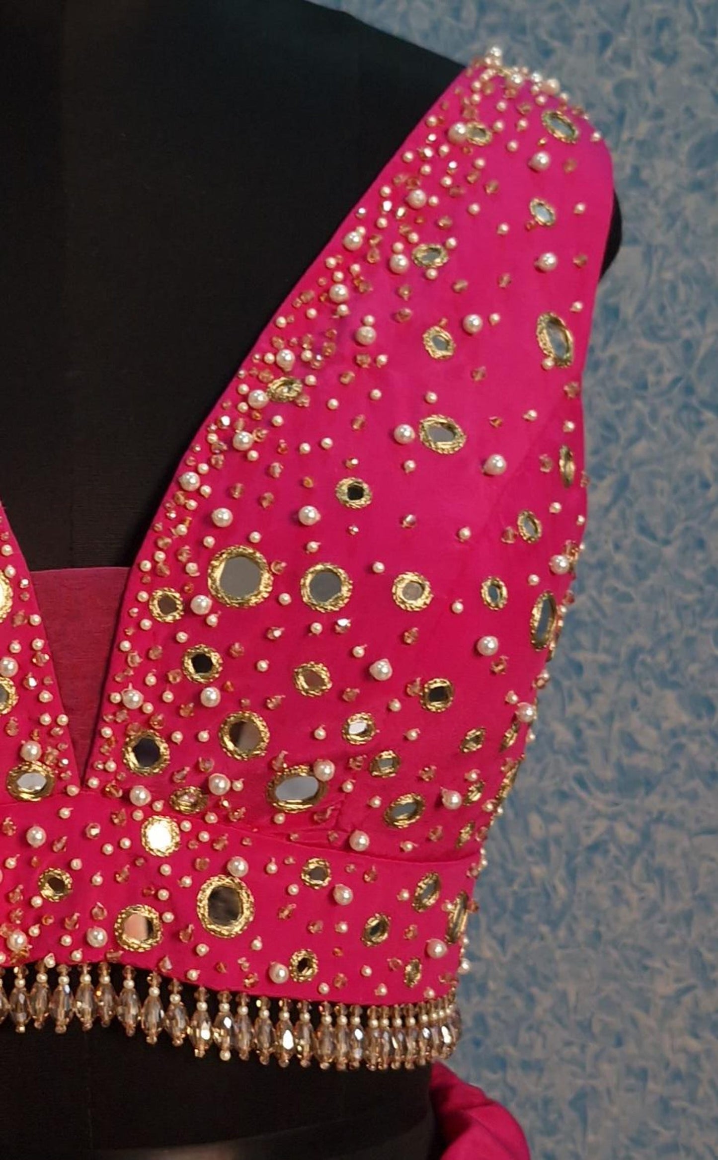 Beads & Mirror Hand Embroidered Bright Pink Crepe Silk Blouse DVBL_462