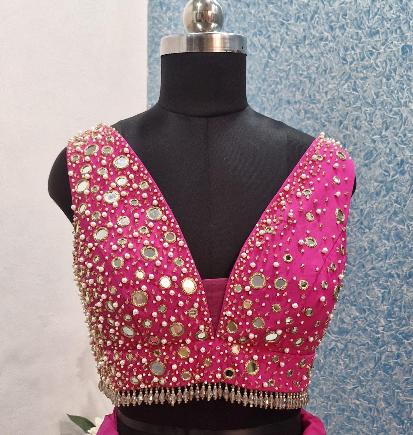 Beads & Mirror Hand Embroidered Bright Pink Crepe Silk Blouse DVBL_462