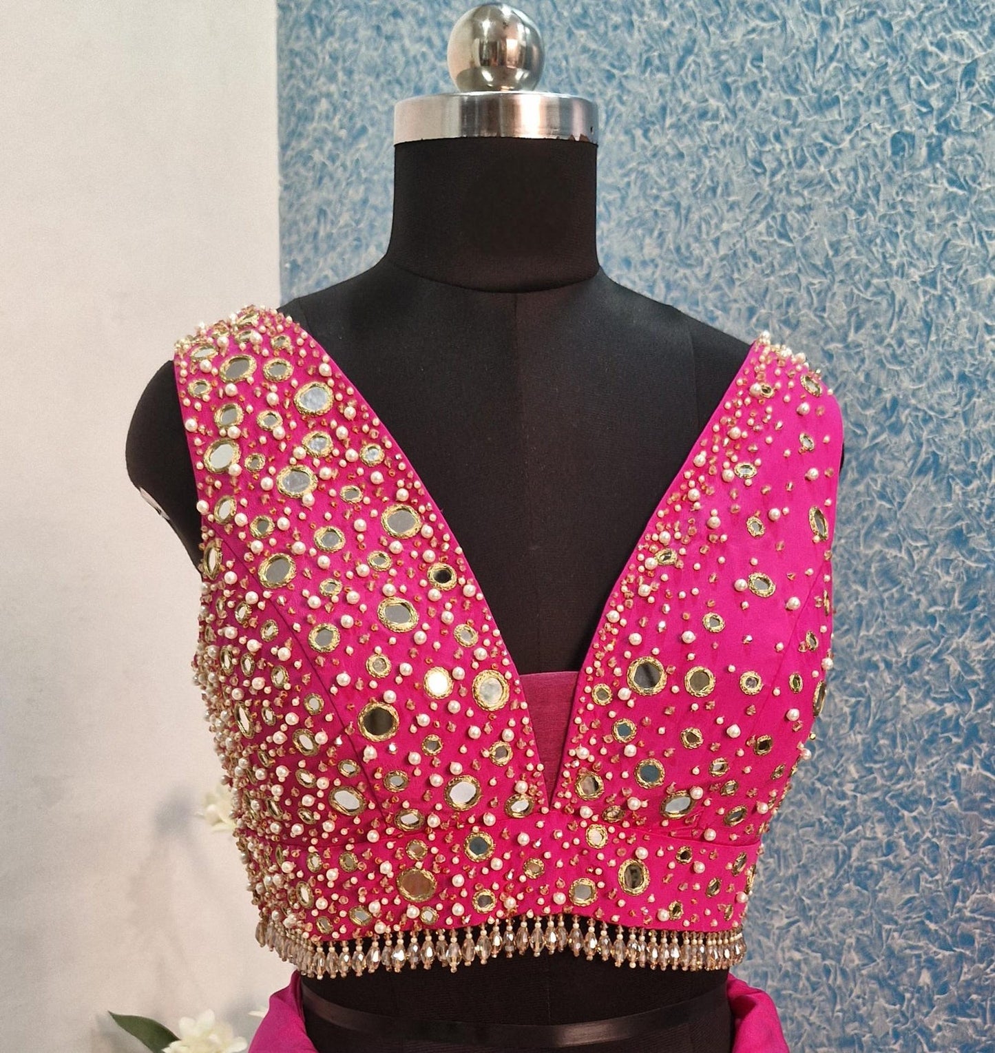 Beads & Mirror Hand Embroidered Bright Pink Crepe Silk Blouse DVBL_462