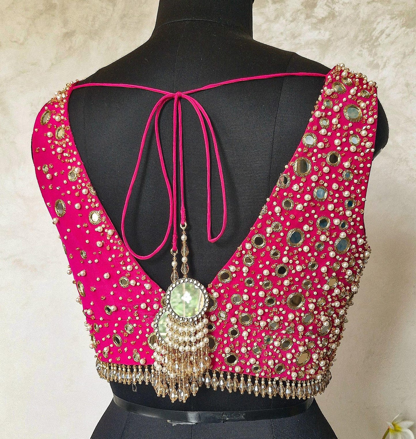 Beads & Mirror Hand Embroidered Bright Pink Crepe Silk Blouse DVBL_462
