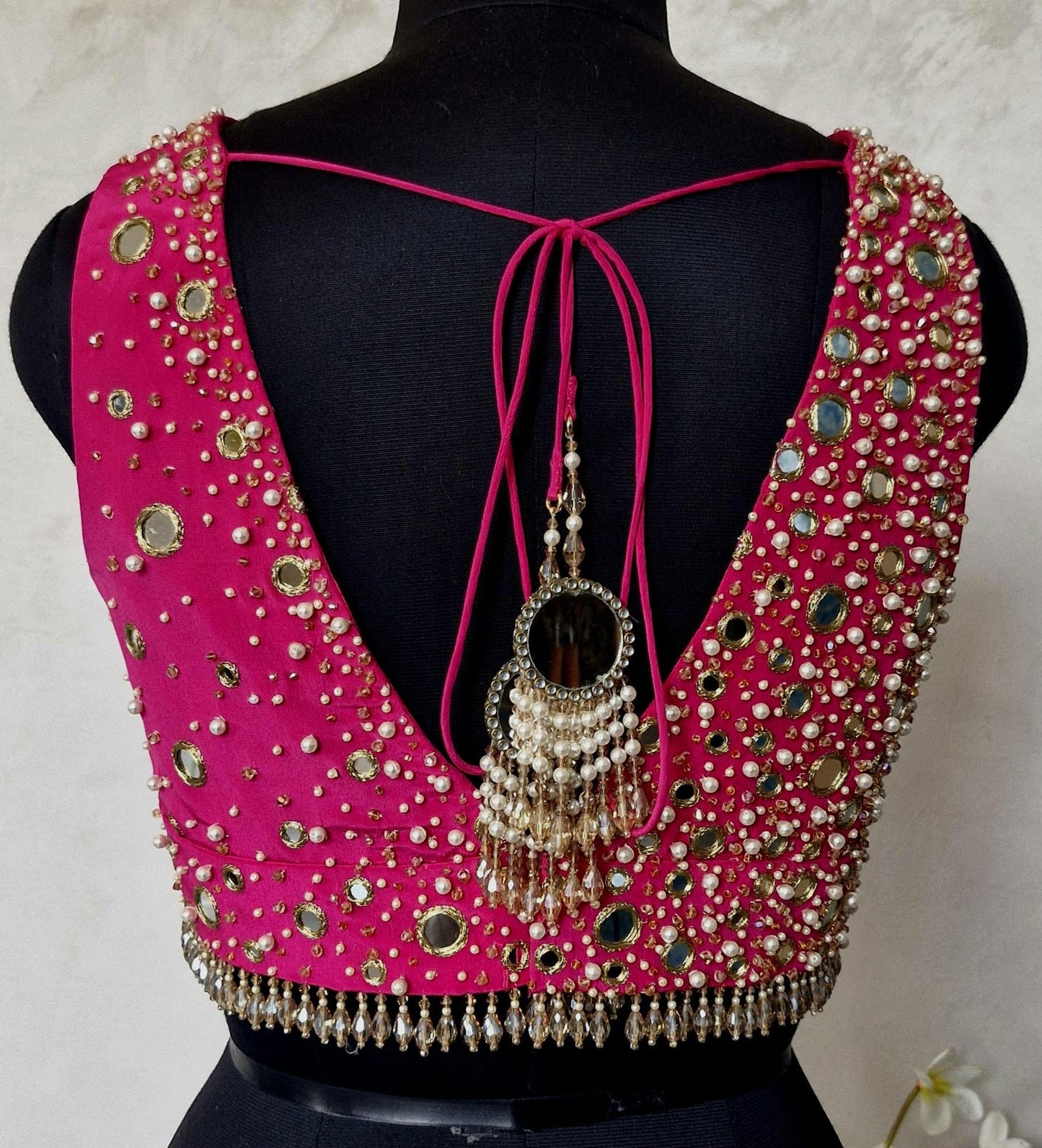 Beads & Mirror Hand Embroidered Bright Pink Crepe Silk Blouse DVBL_462