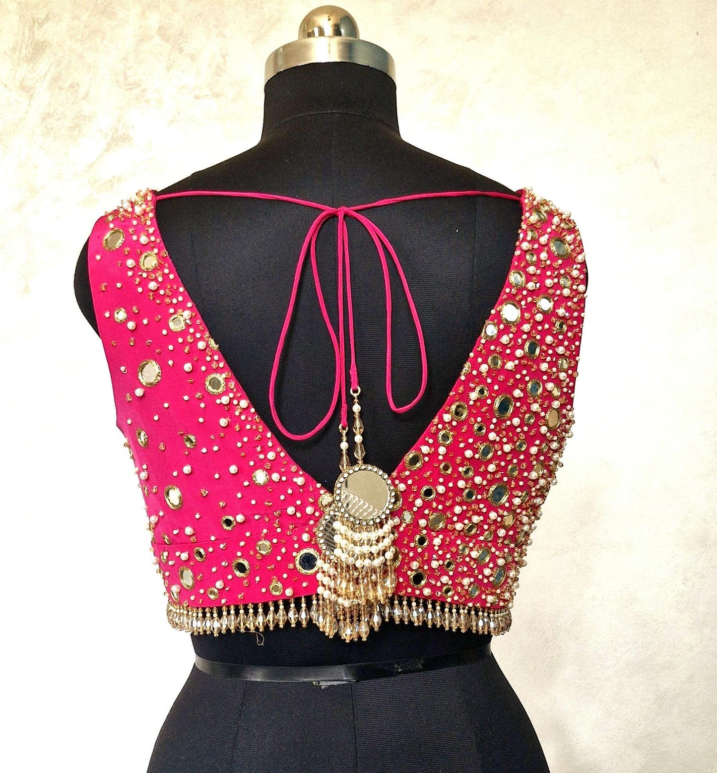 Beads & Mirror Hand Embroidered Bright Pink Crepe Silk Blouse DVBL_462