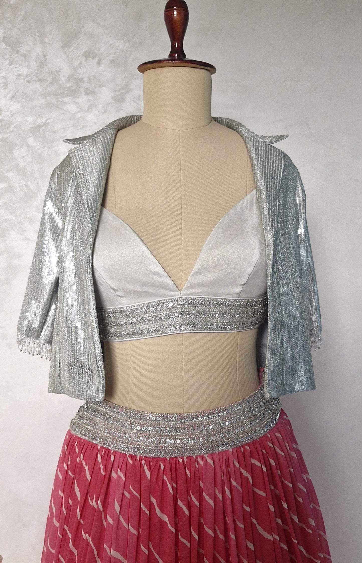 Pink Leheriya Georgette Lehenga Choli with Silver Sequins Jacket DVMTD_0279