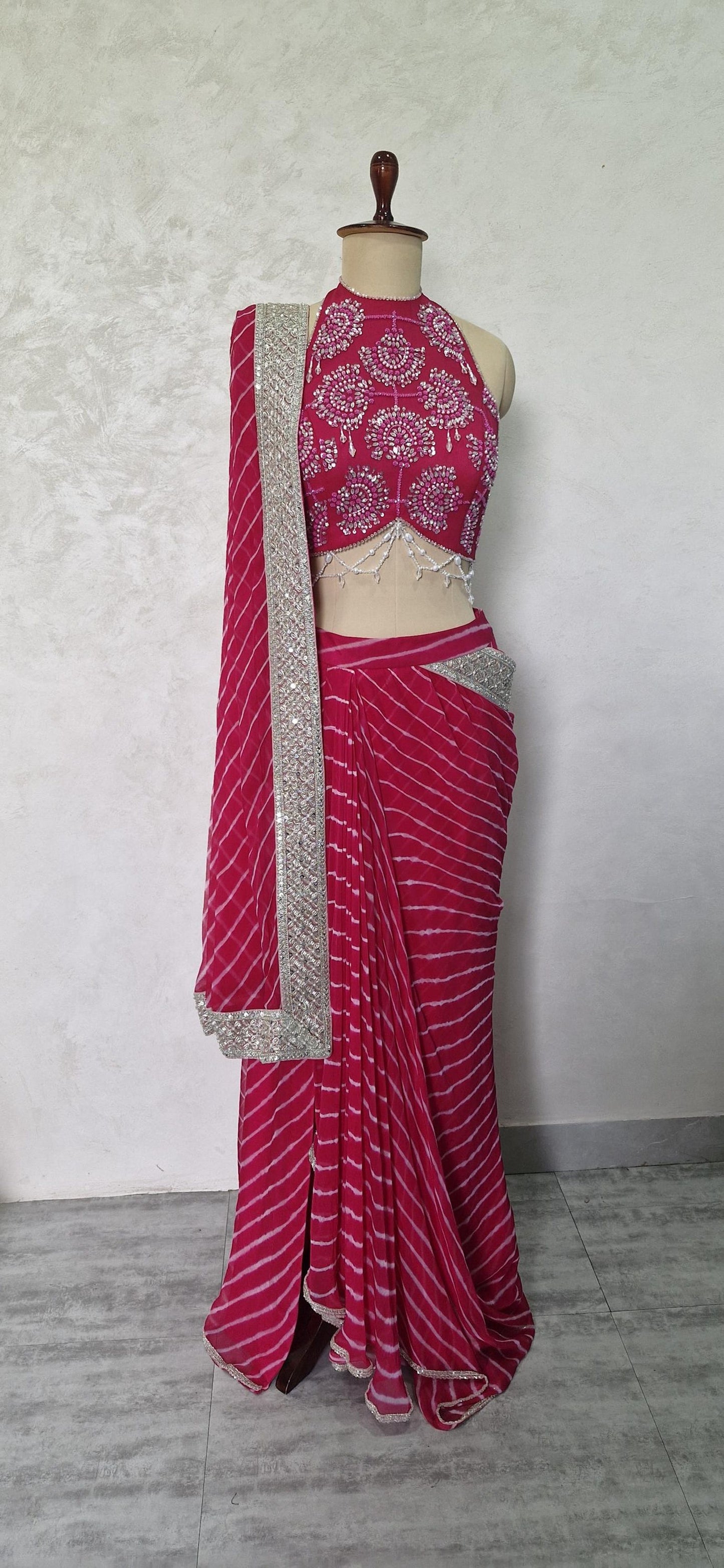 Pink Leheriya Chiffon Draped Saree Skirt with Hand Embroidered Blouse DVMTD_0281