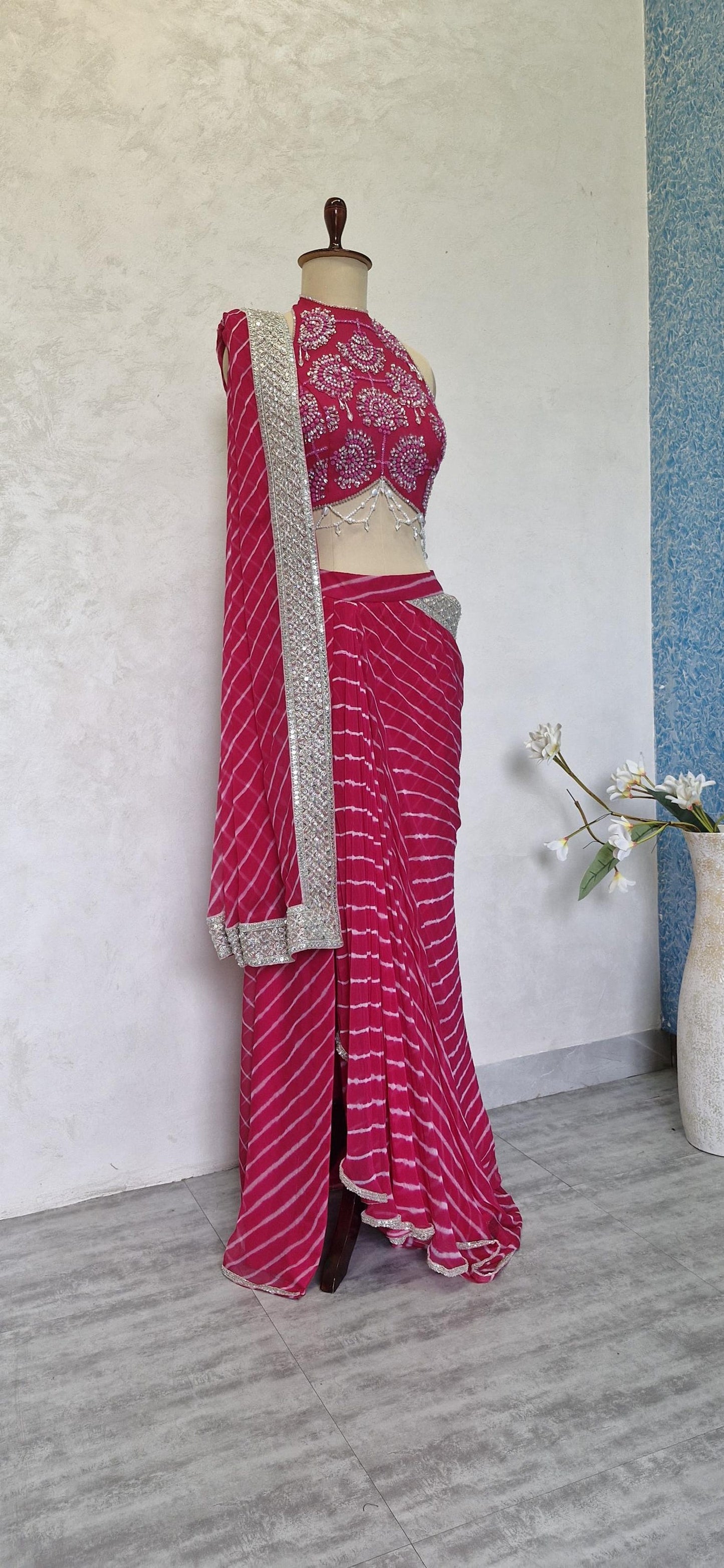 Pink Leheriya Chiffon Draped Saree Skirt with Hand Embroidered Blouse DVMTD_0281