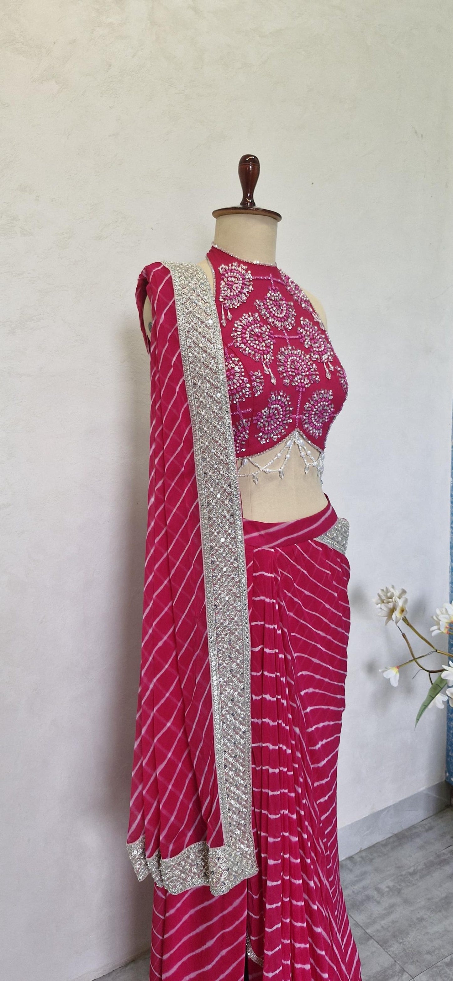 Pink Leheriya Chiffon Draped Saree Skirt with Hand Embroidered Blouse DVMTD_0281