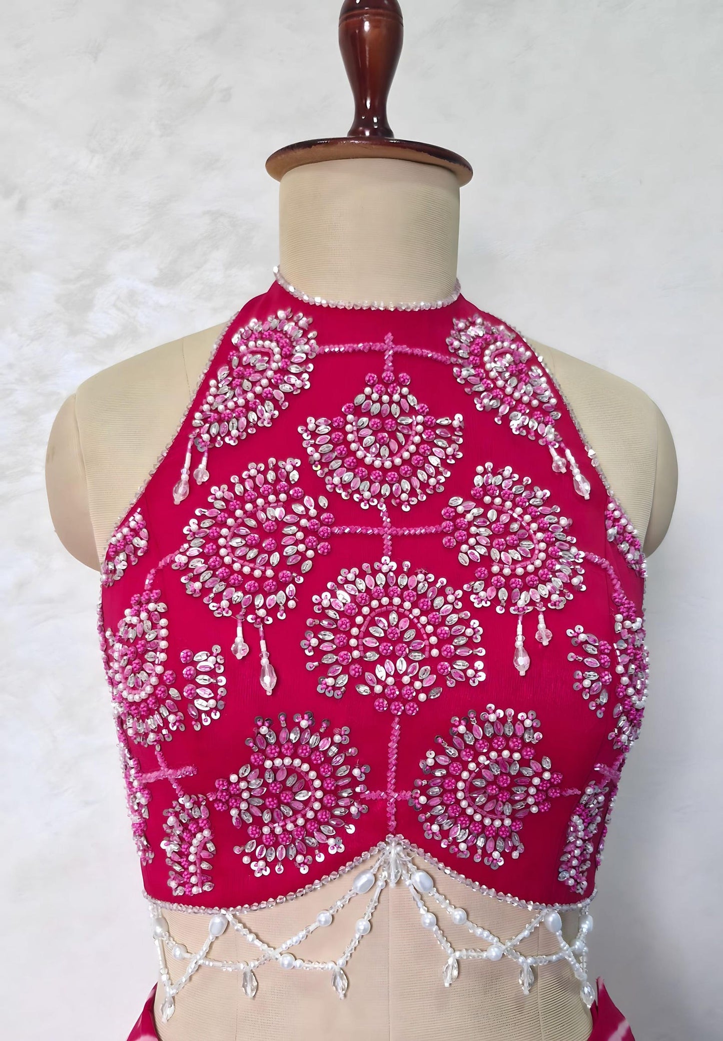 Pink Leheriya Chiffon Draped Saree Skirt with Hand Embroidered Blouse DVMTD_0281
