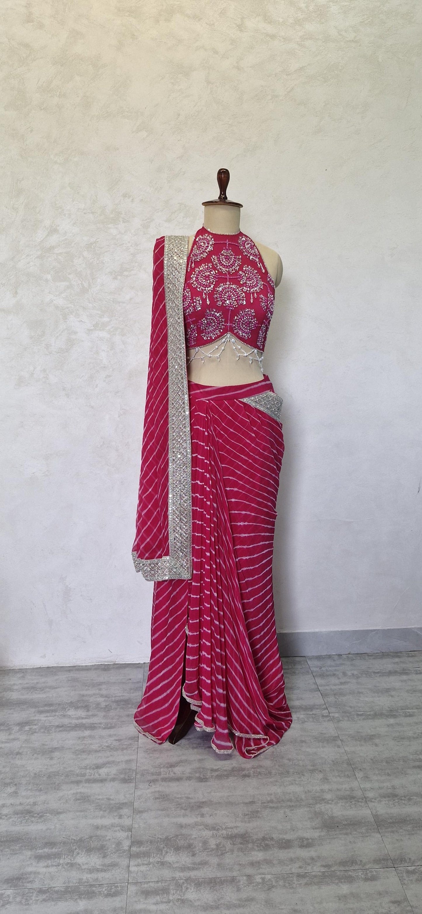 Pink Leheriya Chiffon Draped Saree Skirt with Hand Embroidered Blouse DVMTD_0281