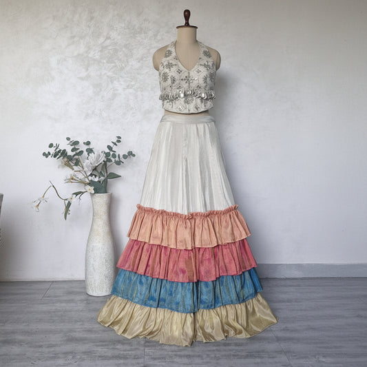 Silver Sand Embroidered Corset Tissue Silk Skirt Festive DVMTD_0280