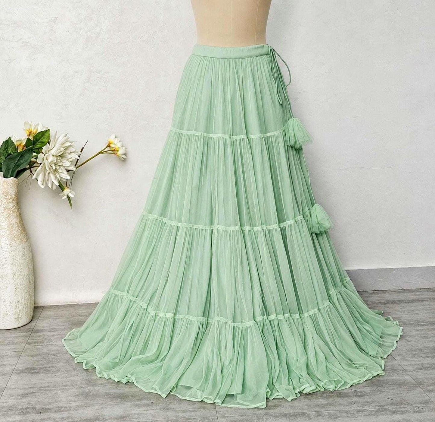 Hand Embroidered Mint Green Net Lehenga Set- Wedding Dress Mehendi Lehenga DVMTD_0300