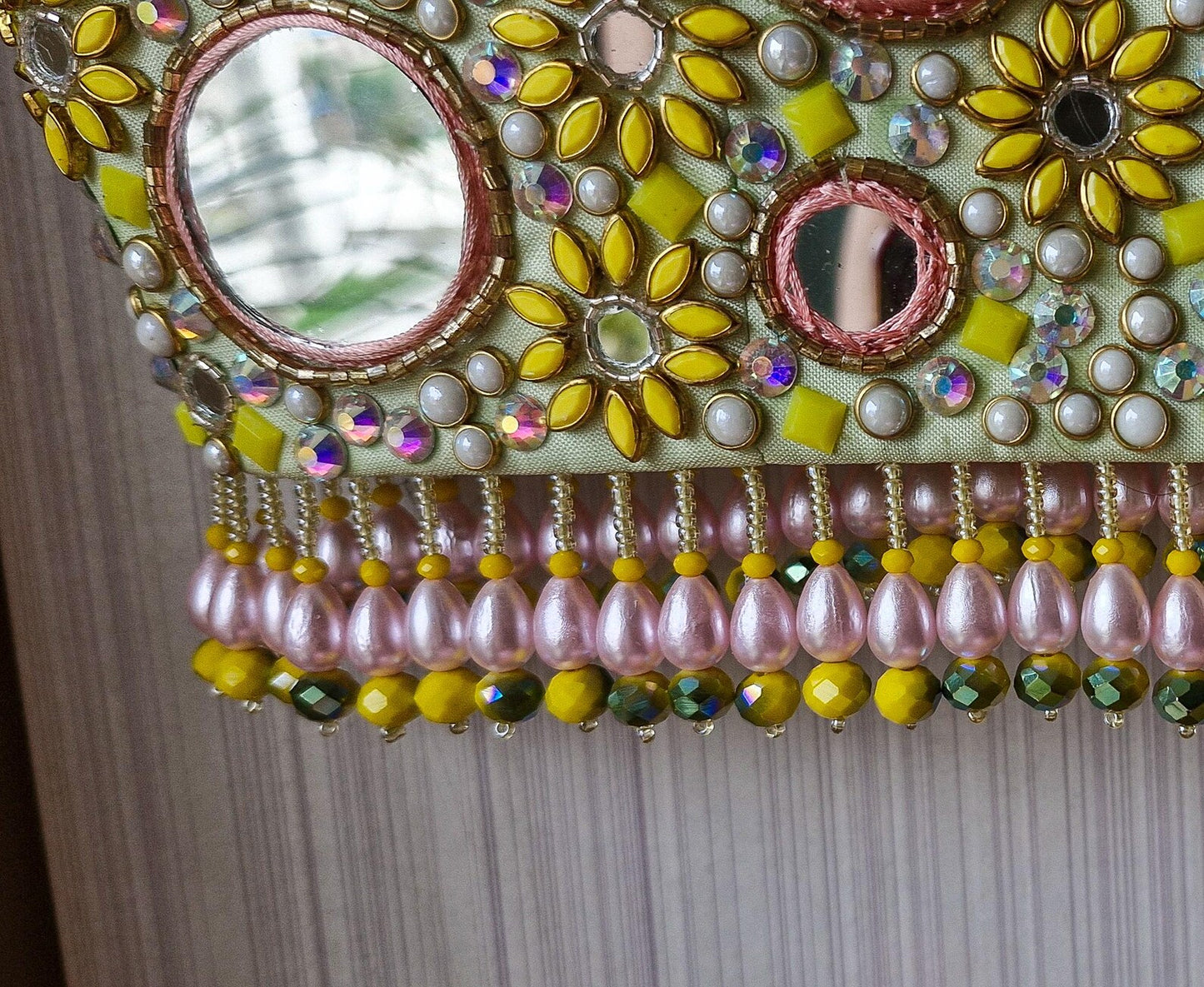 Hand Embroidered Mint Green Bejeweled Blouse, Mirror, Beads Embellished Silk Spaghetti DVBL_511