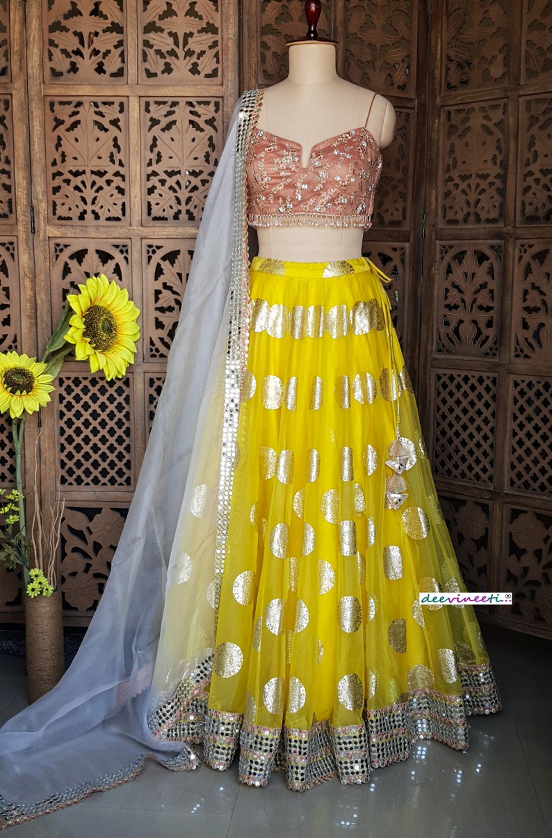 Yellow Organza Lehenga Choli with Gold Foil Print DVMTD_0207