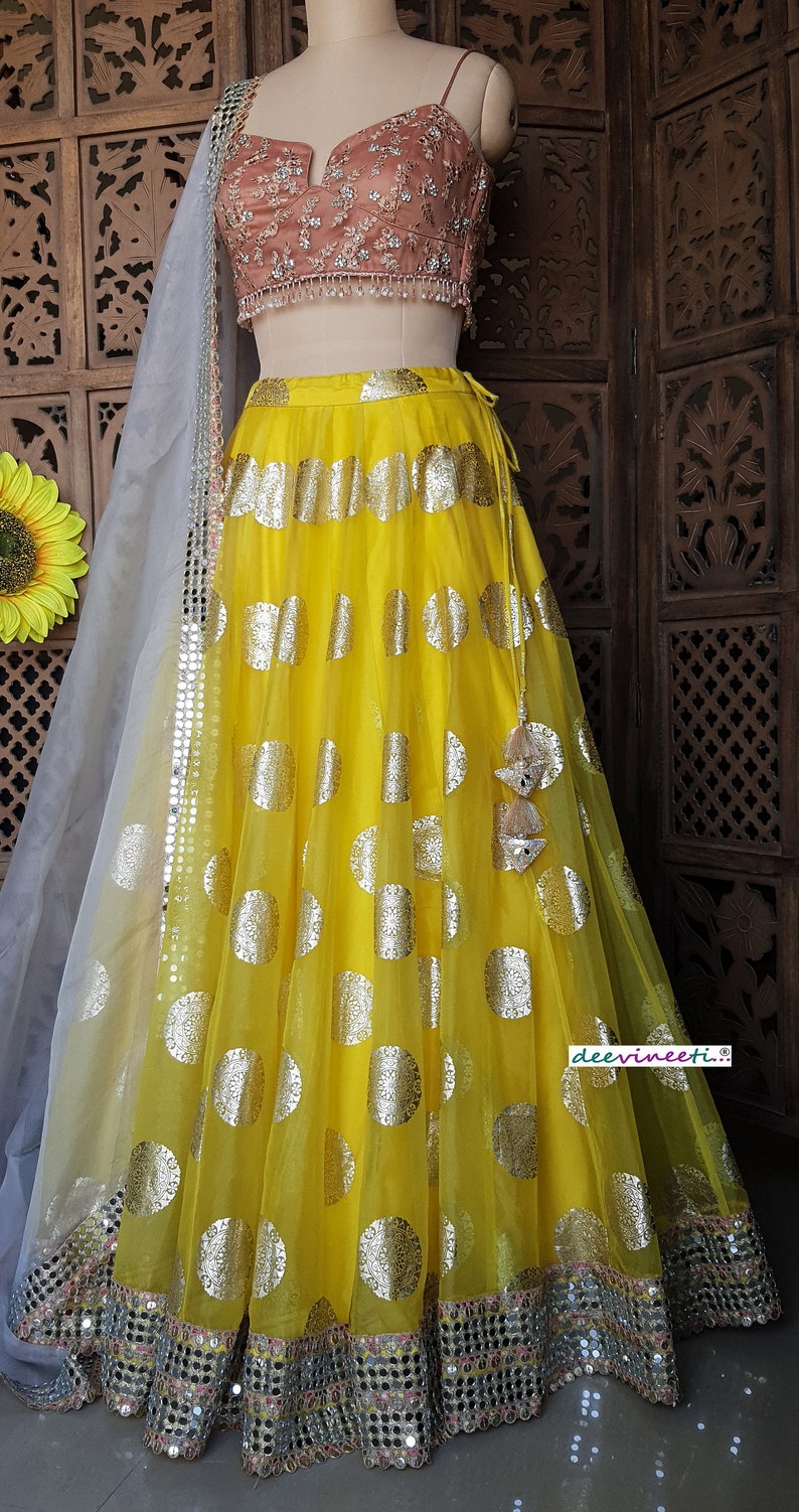 Yellow Organza Lehenga Choli with Gold Foil Print DVMTD_0207