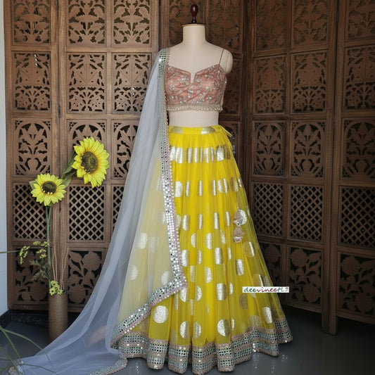 Yellow Organza Lehenga Choli with Gold Foil Print DVMTD_0207