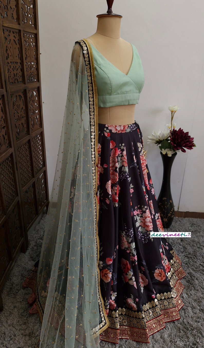 Floral Printed Black Linen Silk Lehenga Set DVMTD_0233