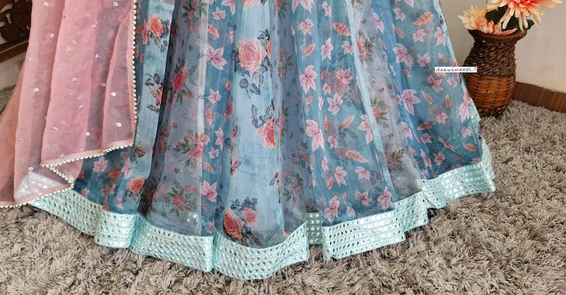 Teal Blue Floral Organza Lehenga Set DVMTD_0236