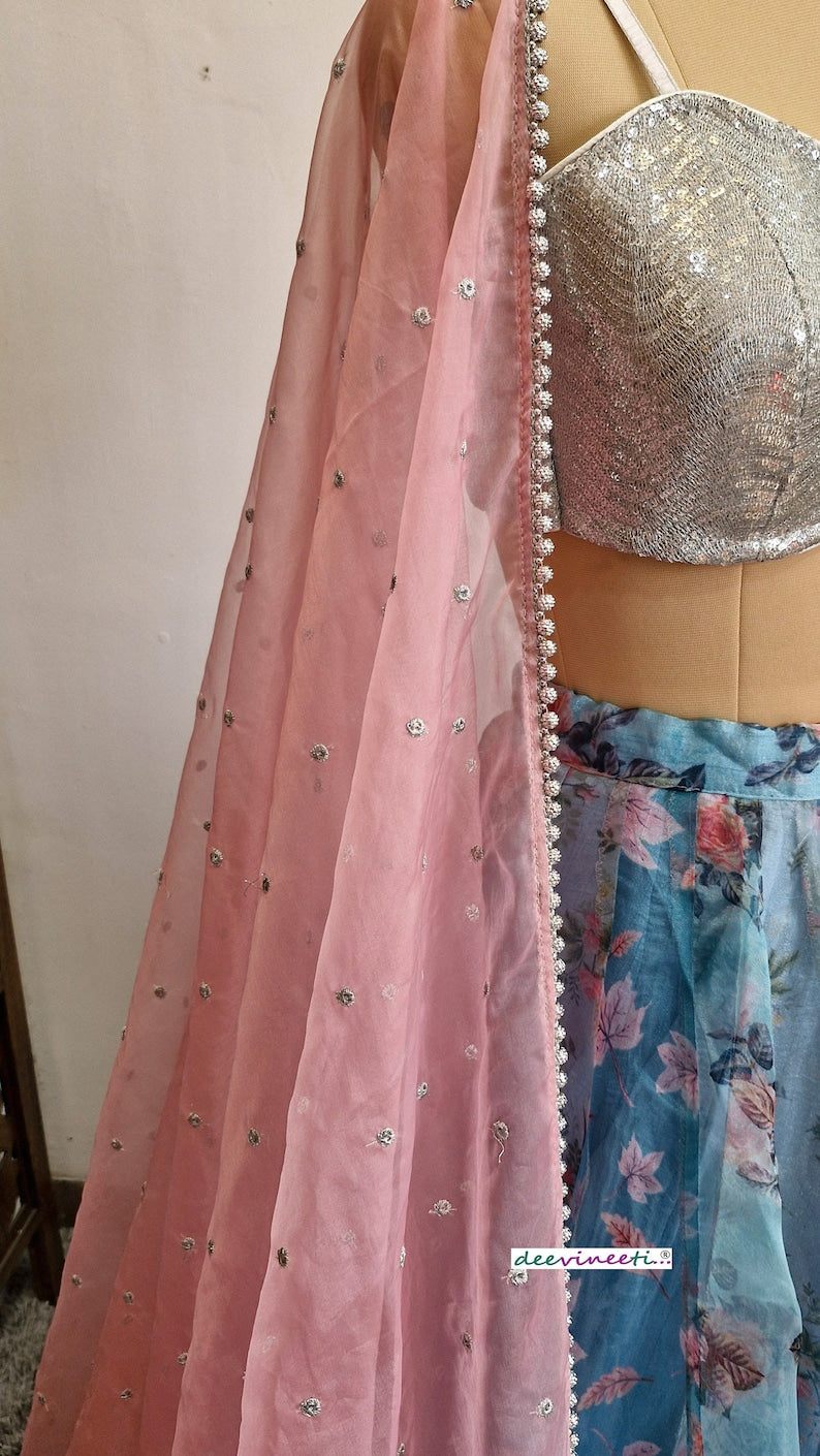 Teal Blue Floral Organza Lehenga Set DVMTD_0236