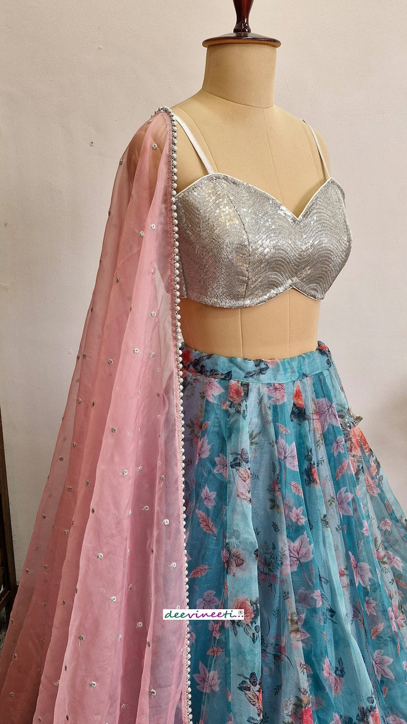 Teal Blue Floral Organza Lehenga Set DVMTD_0236