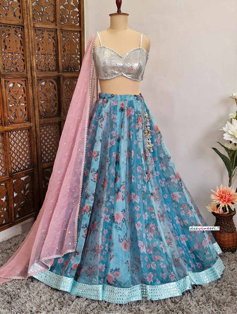 Teal Blue Floral Organza Lehenga Set DVMTD_0236