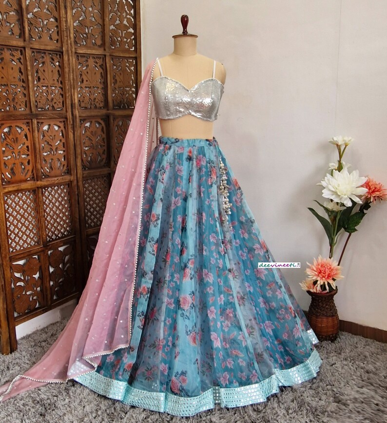 Teal Blue Floral Organza Lehenga Set DVMTD_0236