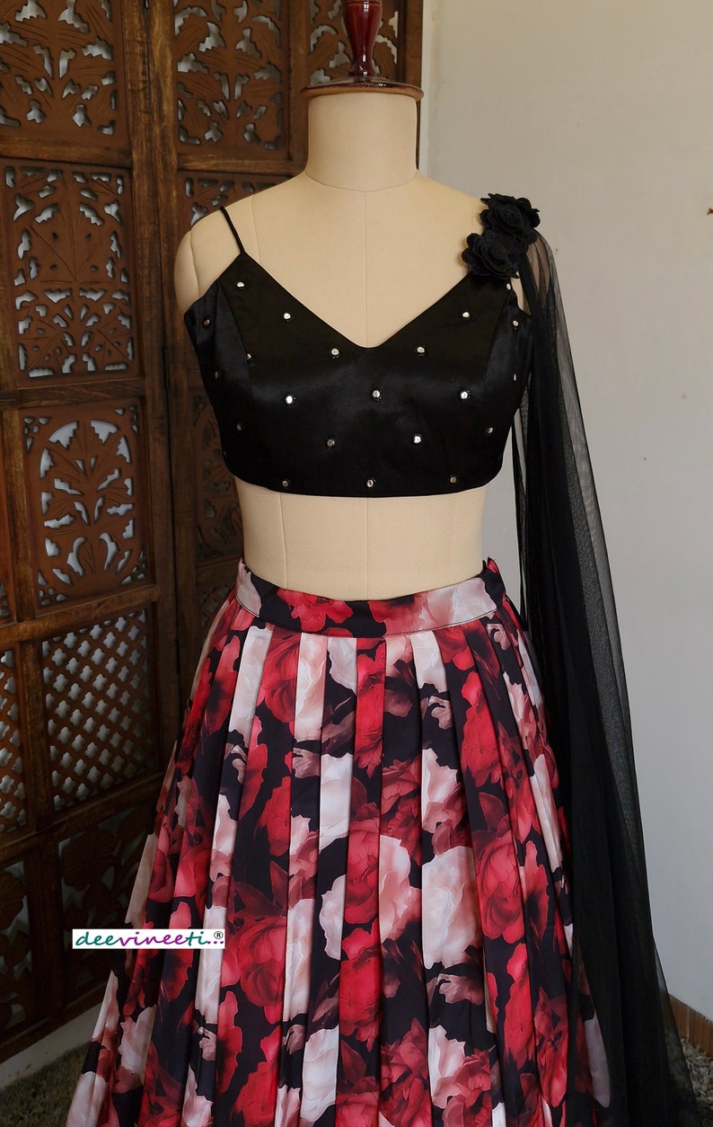 Red, Black Floral Printed Crepe Lehenga, Cape Dupatta DVMTD_0240