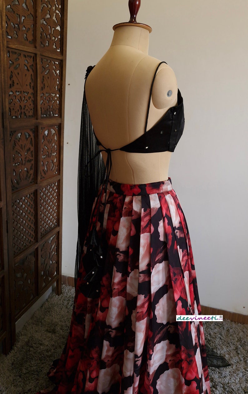 Red, Black Floral Printed Crepe Lehenga, Cape Dupatta DVMTD_0240