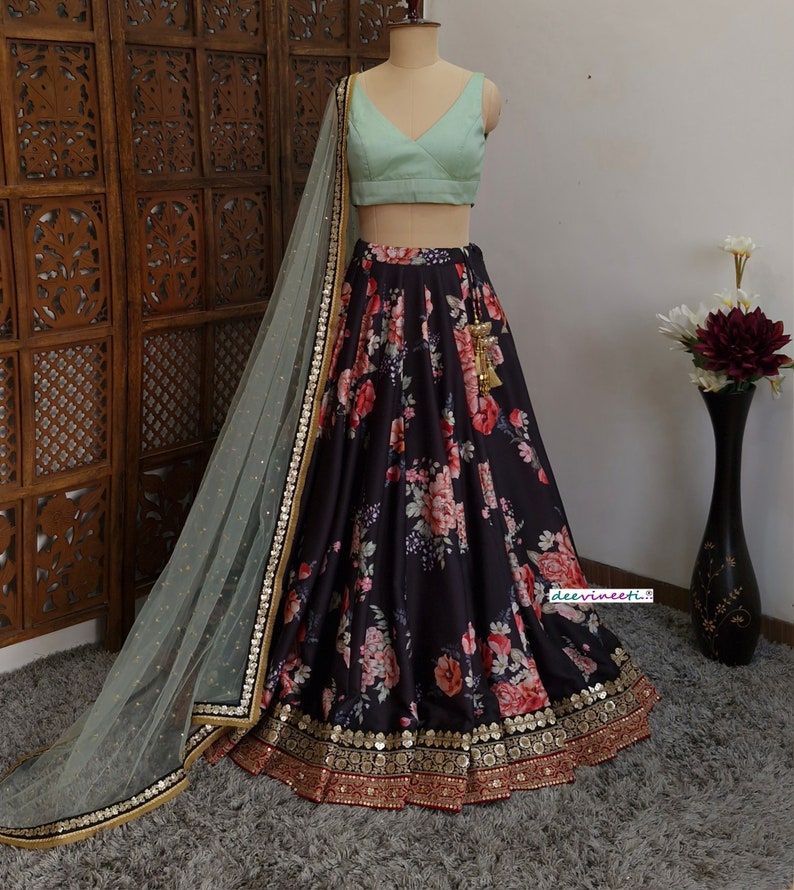 Floral Printed Black Linen Silk Lehenga Set DVMTD_0233