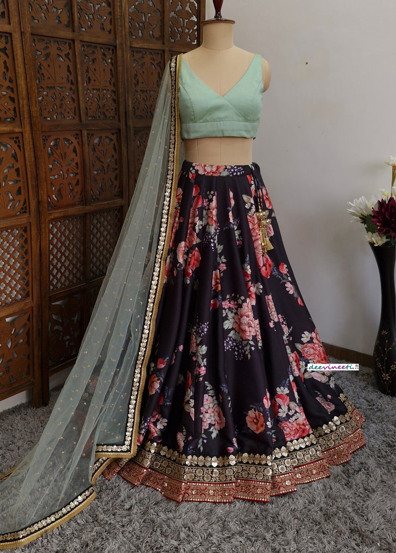 Floral Printed Black Linen Silk Lehenga Set DVMTD_0233