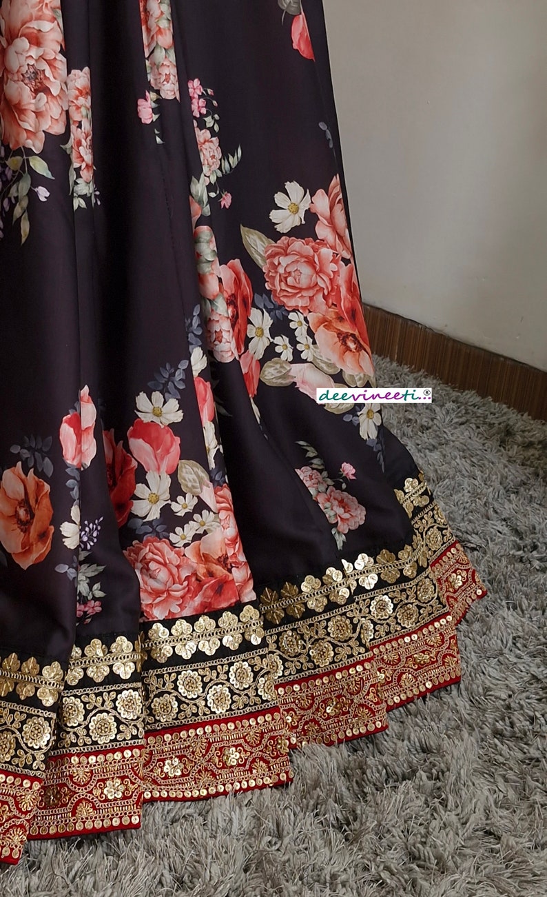 Floral Printed Black Linen Silk Lehenga Set DVMTD_0233