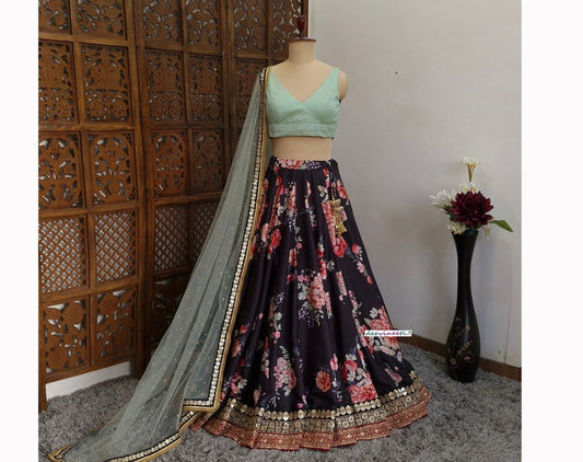 Floral Printed Black Linen Silk Lehenga Set DVMTD_0233