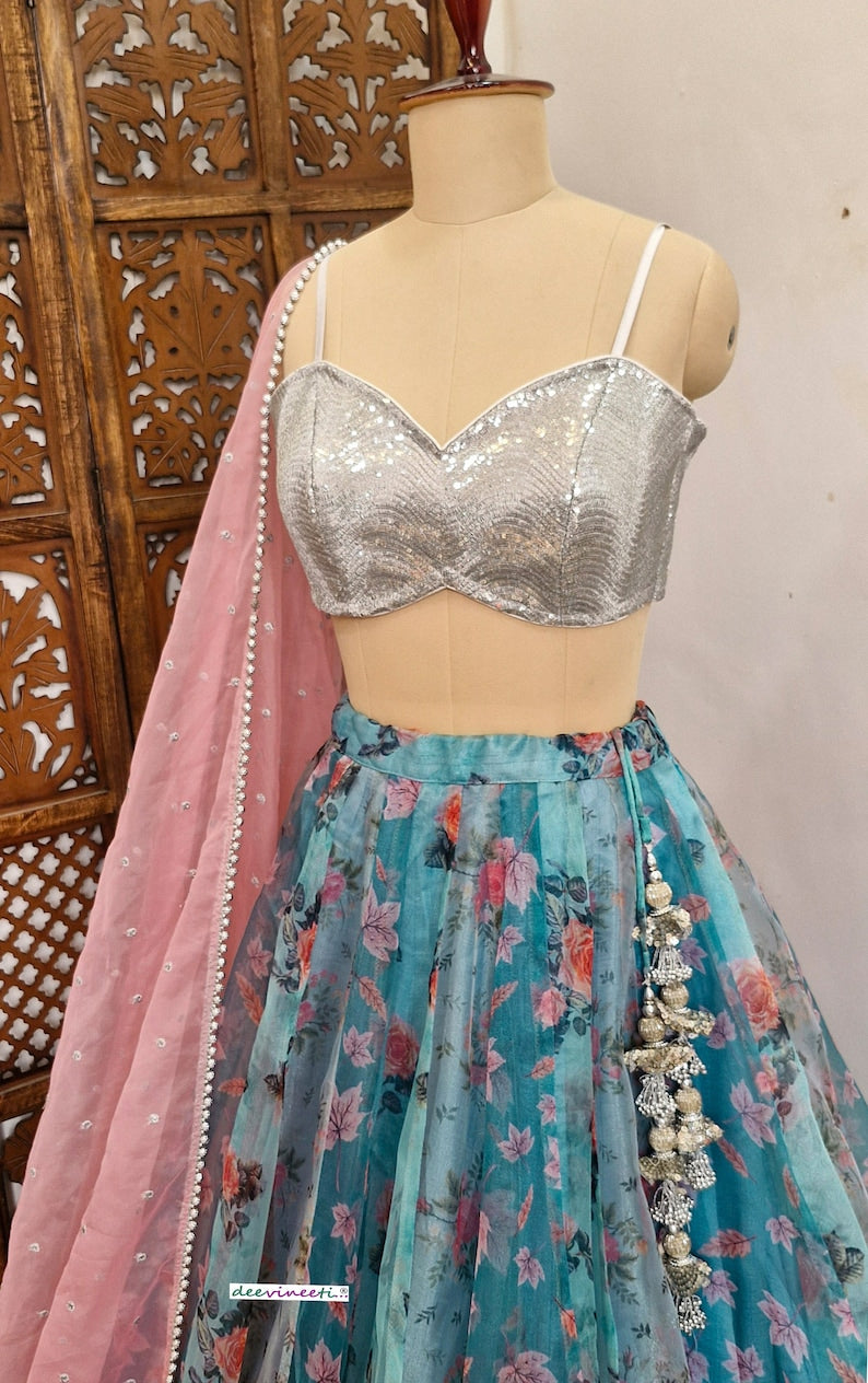 Teal Blue Floral Organza Lehenga Set DVMTD_0236
