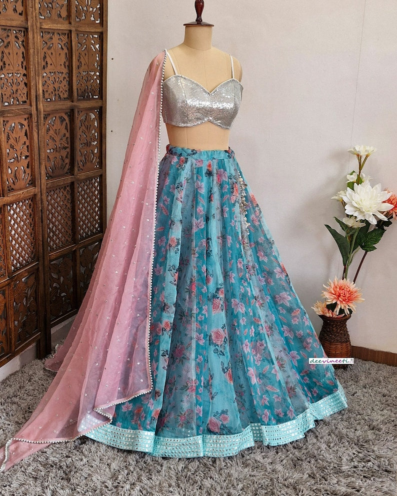 Teal Blue Floral Organza Lehenga Set DVMTD_0236