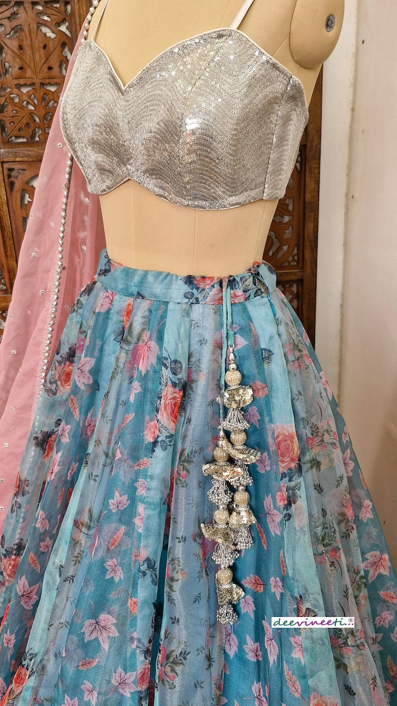 Teal Blue Floral Organza Lehenga Set DVMTD_0236