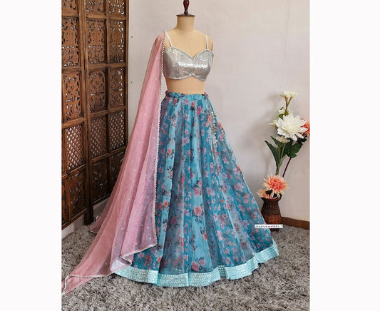 Teal Blue Floral Organza Lehenga Set DVMTD_0236
