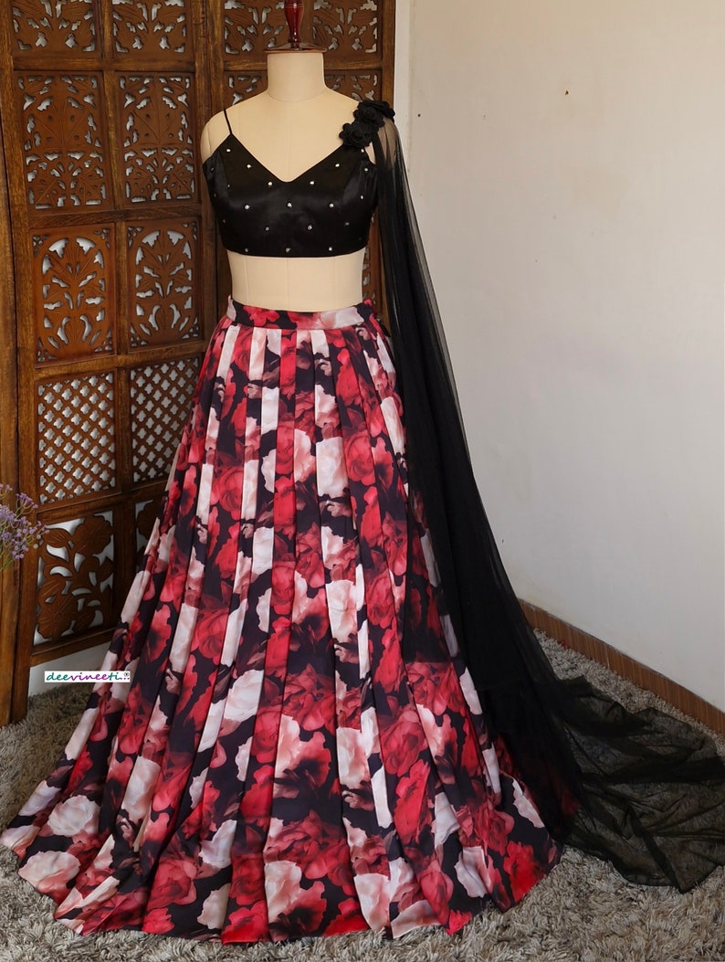 Red, Black Floral Printed Crepe Lehenga, Cape Dupatta DVMTD_0240