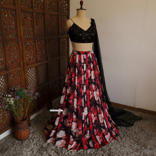 Red, Black Floral Printed Crepe Lehenga, Cape Dupatta DVMTD_0240