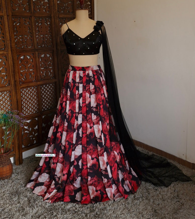 Red, Black Floral Printed Crepe Lehenga, Cape Dupatta DVMTD_0240