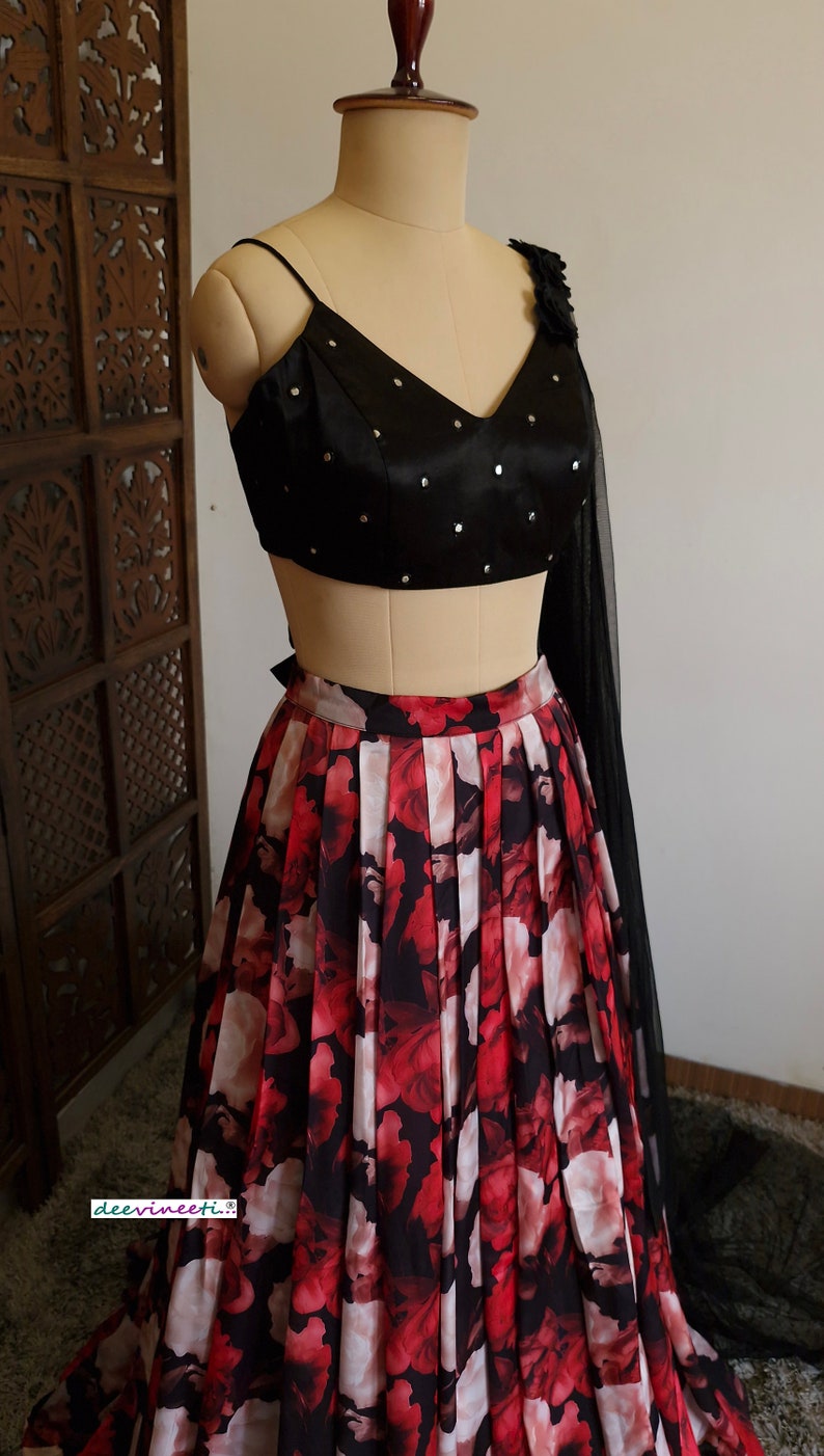 Red, Black Floral Printed Crepe Lehenga, Cape Dupatta DVMTD_0240