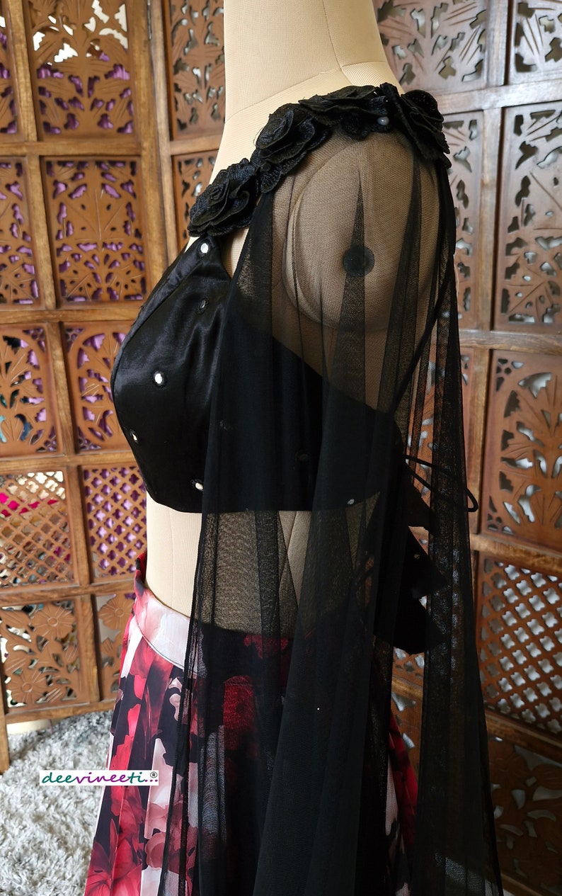 Red, Black Floral Printed Crepe Lehenga, Cape Dupatta DVMTD_0240